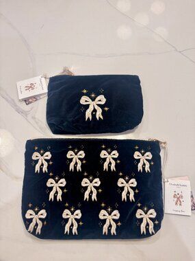 NWT Elizabeth Scarlett Velvet Dazzling Bows Everyday Pouch and Mini Pouch Set